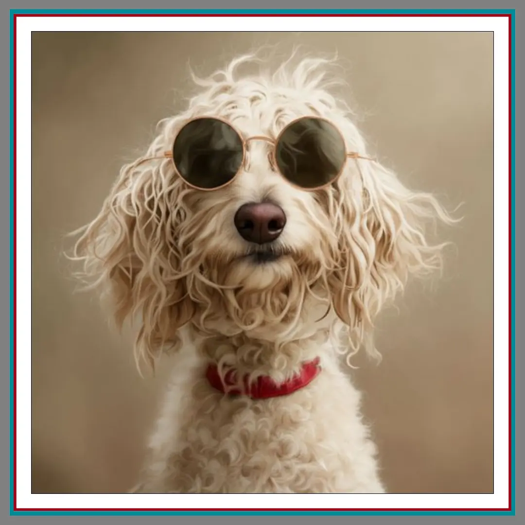 Colour image of Journey, Pathway Legal’s Ambassador. Journey is a long-haired dog with wavy fur, very cool sunglasses and a calm, expectant, expressive face.