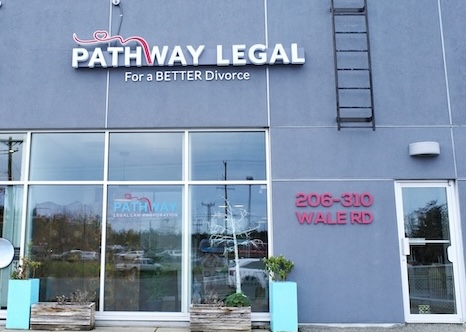 Mauve building exterior in Victoria BC, with Pathway Legal for a better divorce signage.