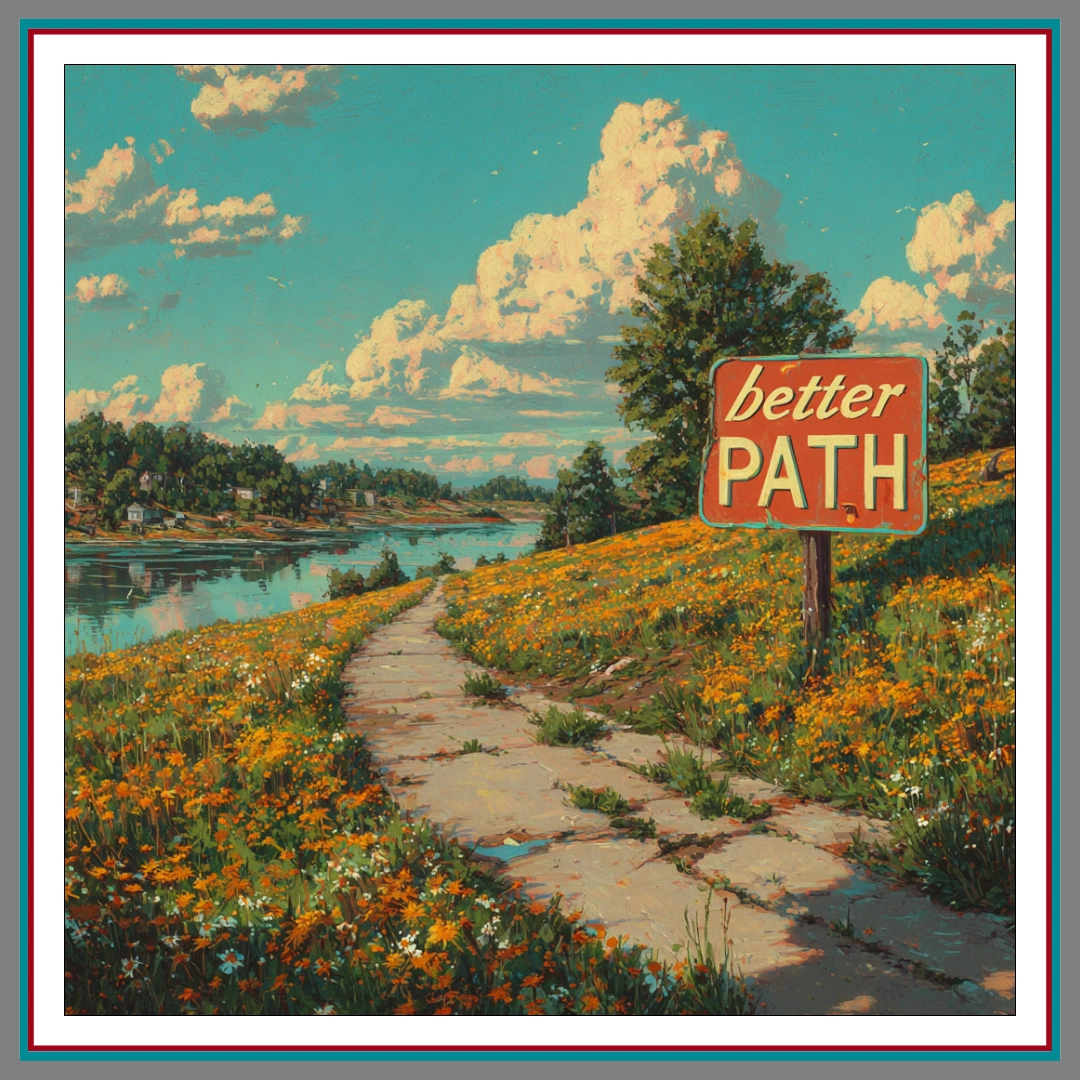 Comic-style illustration of a winding dirt path through golden fields and rocky hills under a teal sky, with a wooden signpost reading 'better PATH' along the trail.