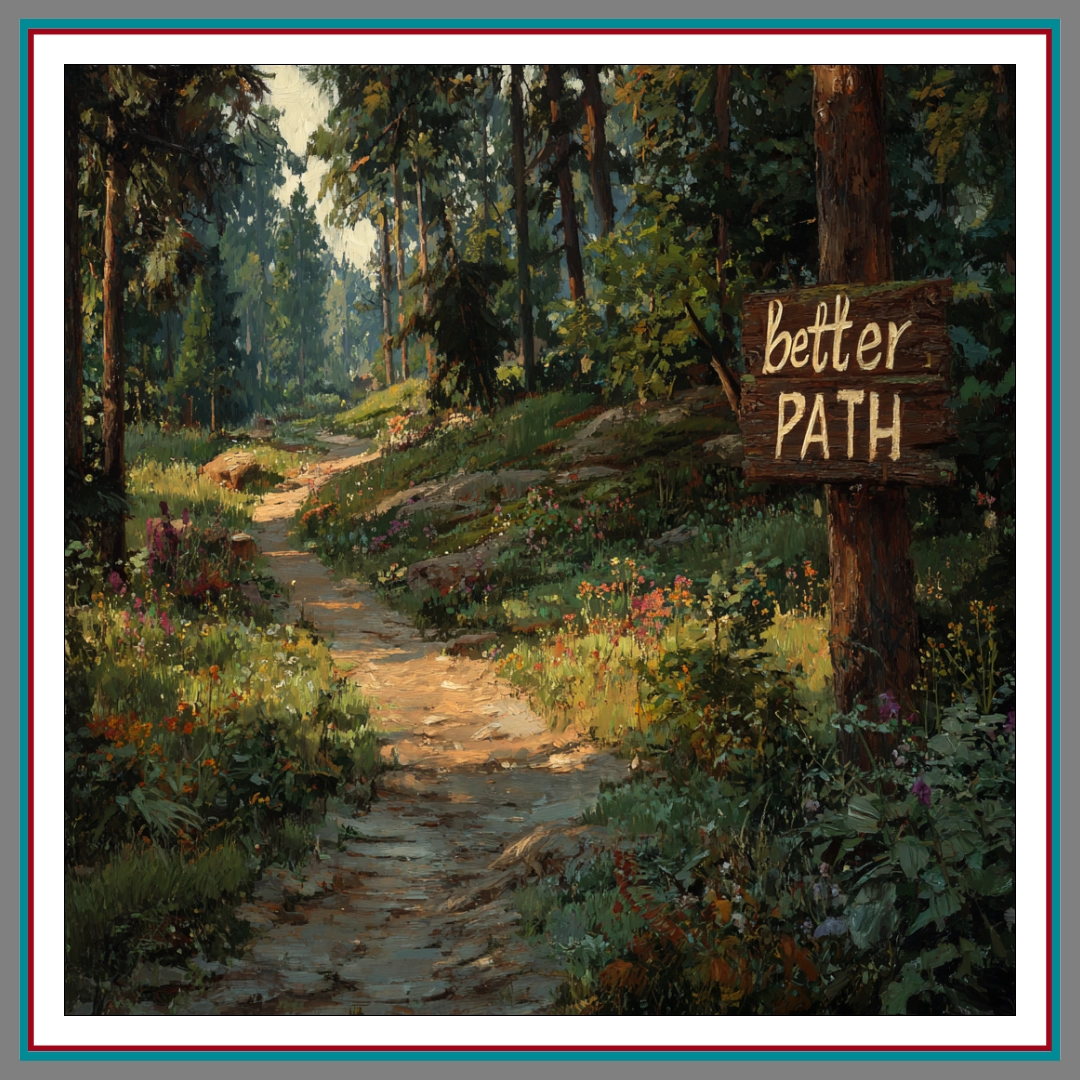 Oil painting-style illustration of a sunlit forest trail lined with colourful wildflowers, with a wooden sign reading 'better PATH' attached to a tree on the right.