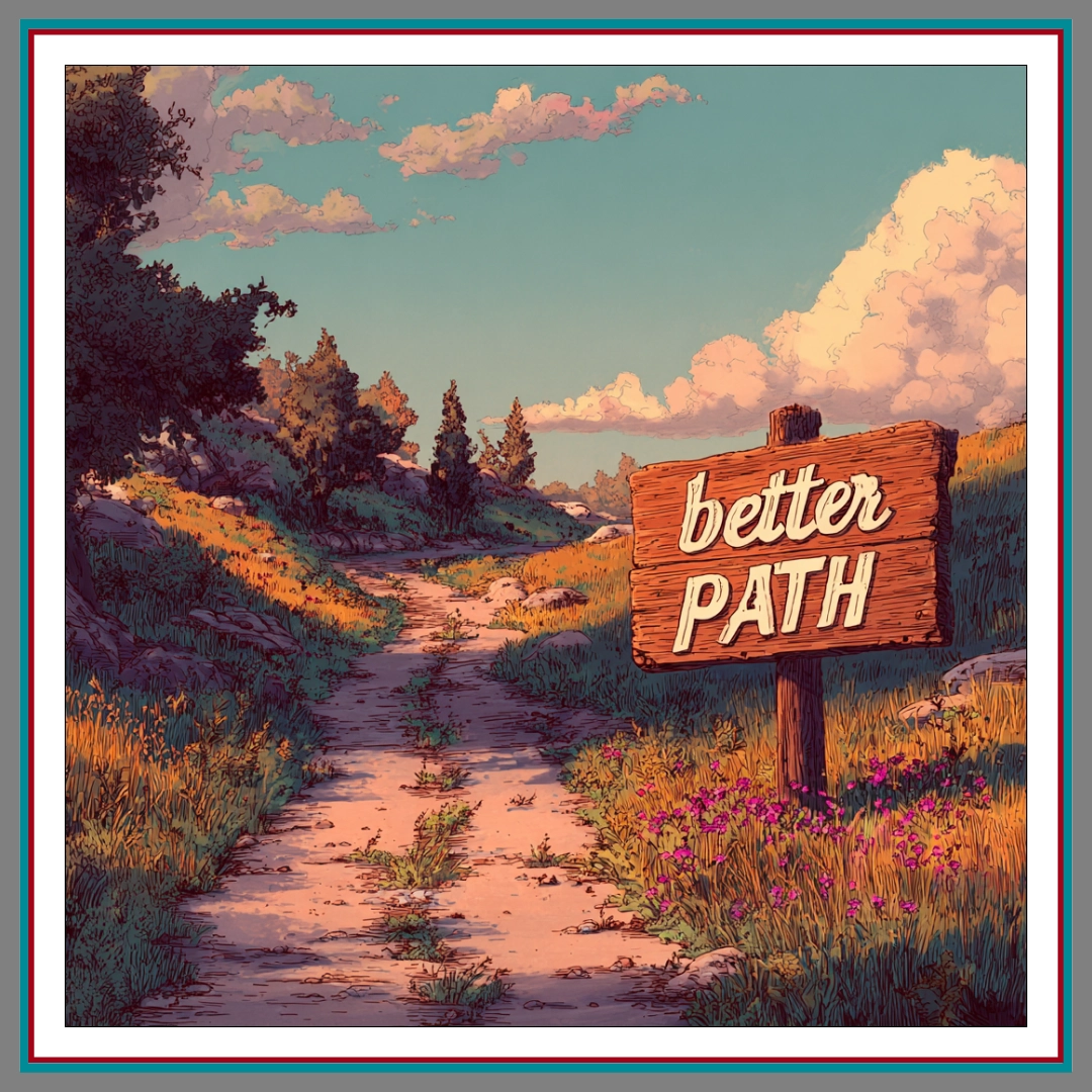 Illustrated painting of a stone pathway winding through wildflower fields alongside a calm river, with a vintage red road sign reading 'better PATH' beside the trail.