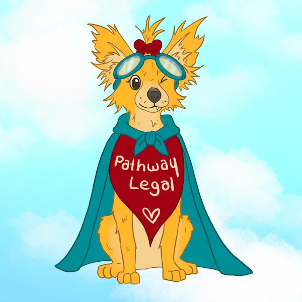 Illustration of BETzy, Pathway Legal's ambassador dog, wearing goggles and a superhero cape with 'Pathway Legal' written on it