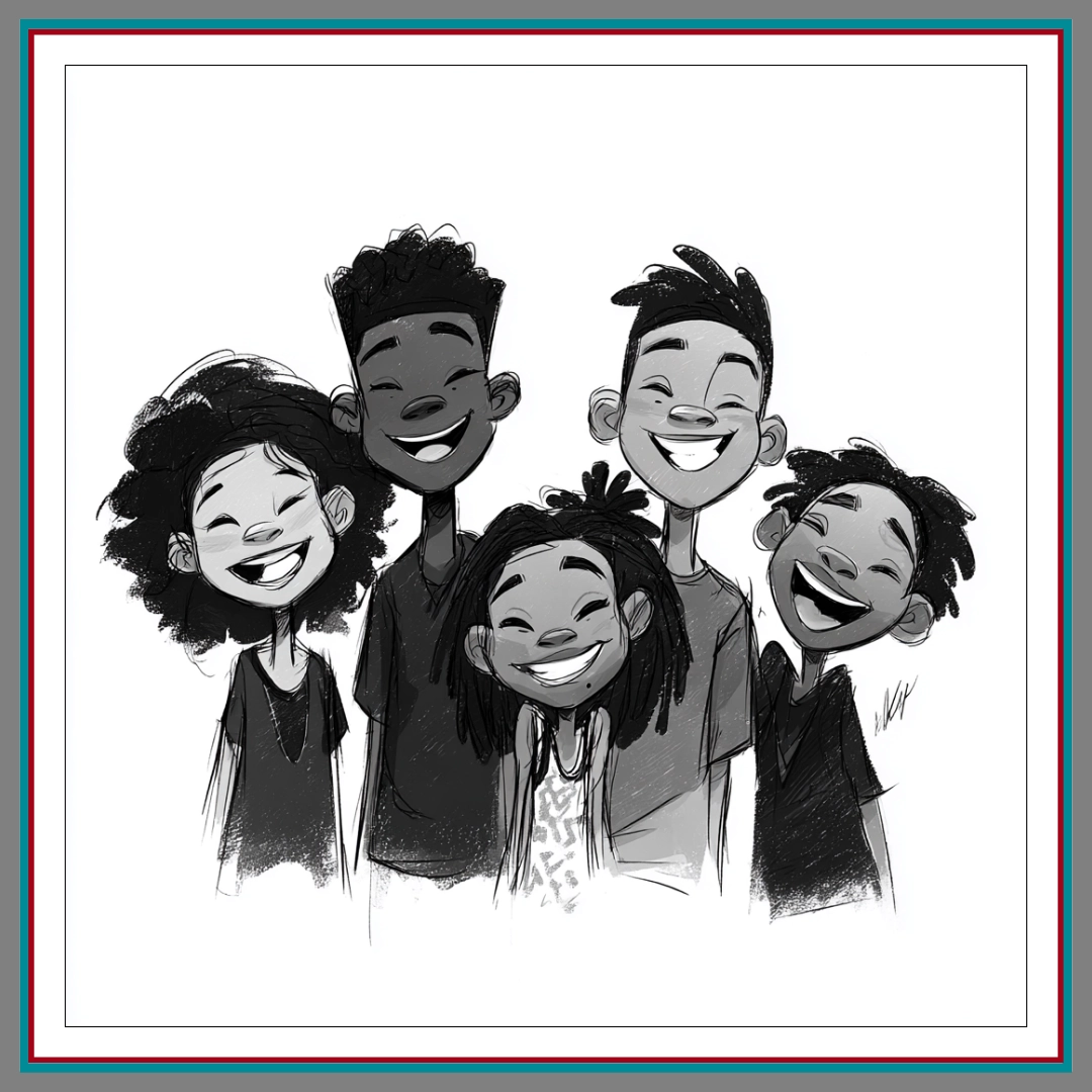 Sketch-style illustration of four diverse children jumping joyfully with hearts floating above them, set against a soft blue background.