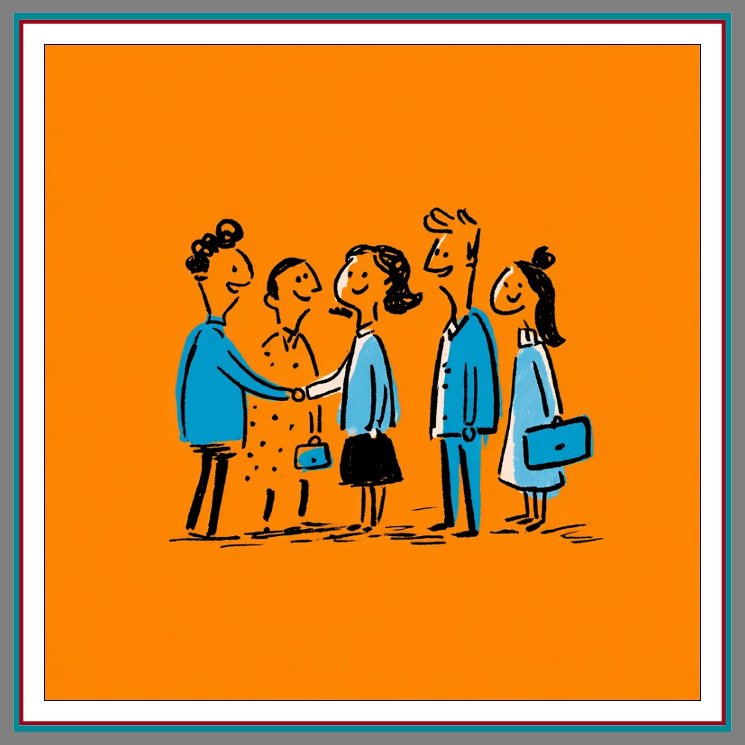 Illustrated cartoon of five smiling people seated around a table in a casual meeting, with one person using a laptop, drawn in a simple black-and-white line style.