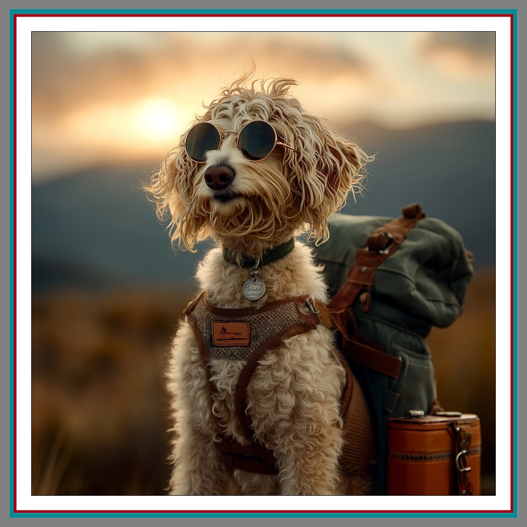 A curly golden doodle wearing round sunglasses and a leather harness, carrying a green backpack and a small suitcase, posed against a mountain sunset.