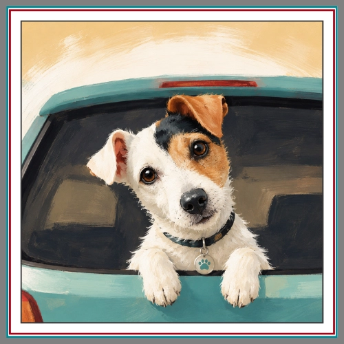 Journey the Jack Russell terrier peering out the rear window of a teal car, paws on the glass, ready for the ride. Journey the Jack Russell terrier peering out the rear window of a teal car, paws on the glass, ready for the ride.