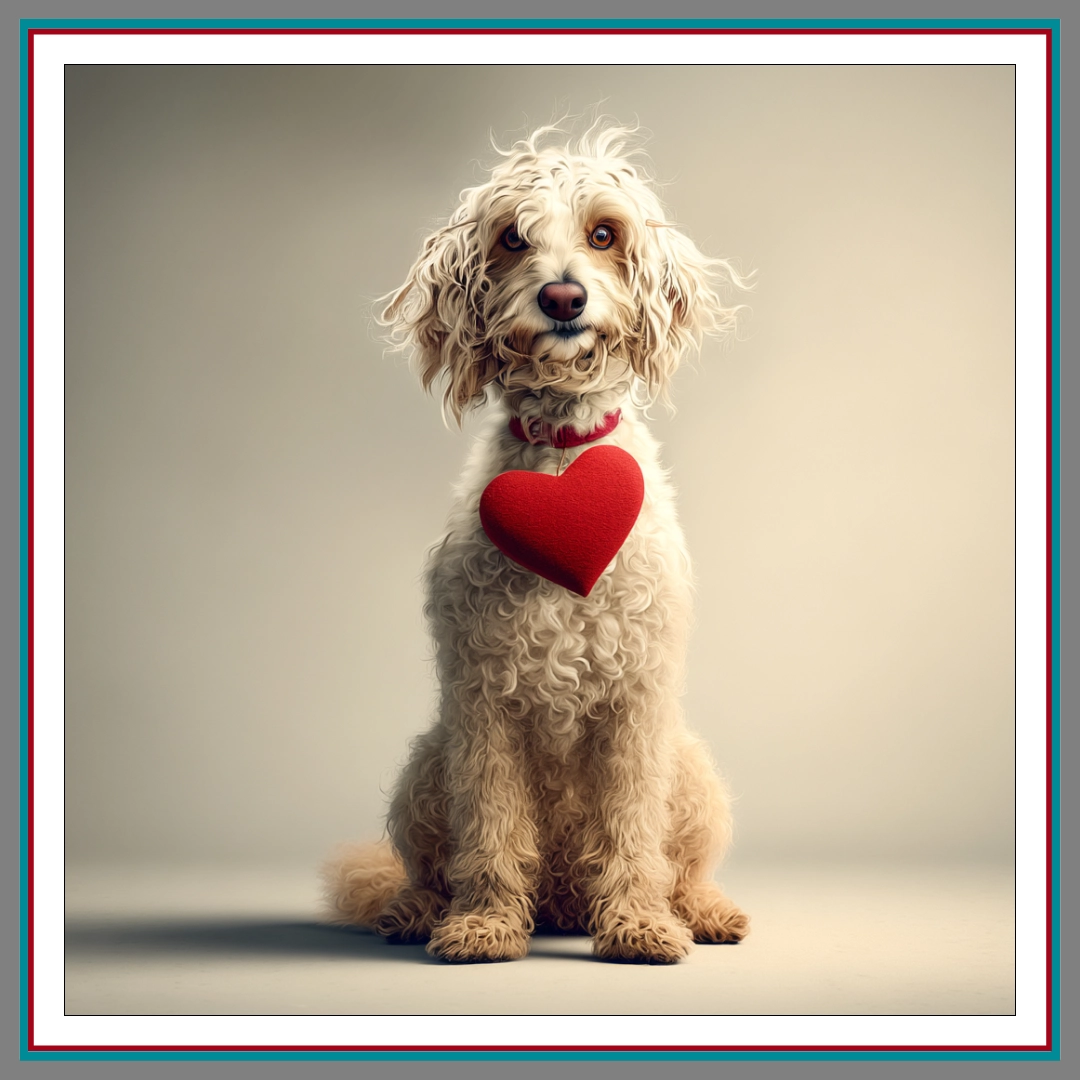 A fluffy white golden doodle with a red collar sitting upright, holding a large red heart against a neutral grey background.