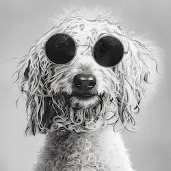 Pencil drawing of JourNEY, Pathway Legal’s Ambassador. JourNEY is a long-haired dog with wavy fur, very cool sunglasses and a calm, expectant, expressive face.
