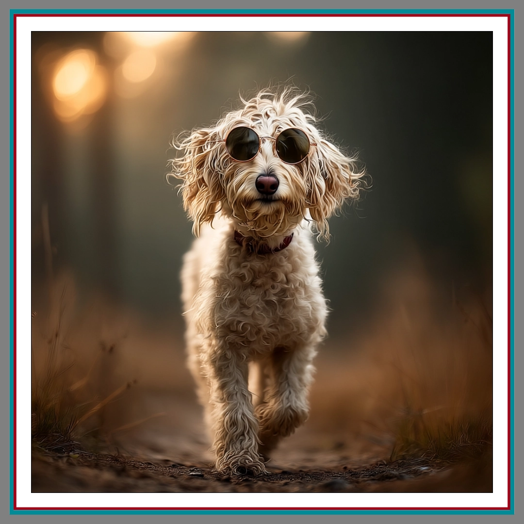 A  fluffy golden doodle wearing round sunglasses trotting toward the camera along a dirt path, with warm bokeh lights in the background.