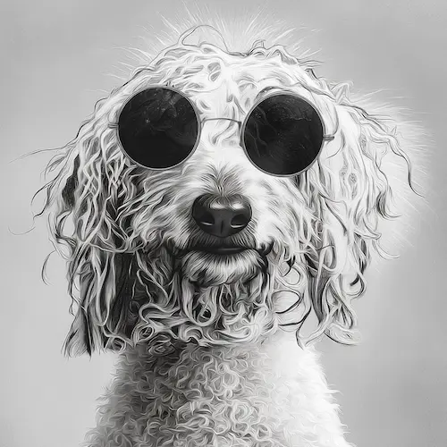 Pencil drawing of JourNEY, Pathway Legal’s Ambassador. JourNEY is a long-haired dog with wavy fur, very cool sunglasses and a calm, expectant, expressive face.