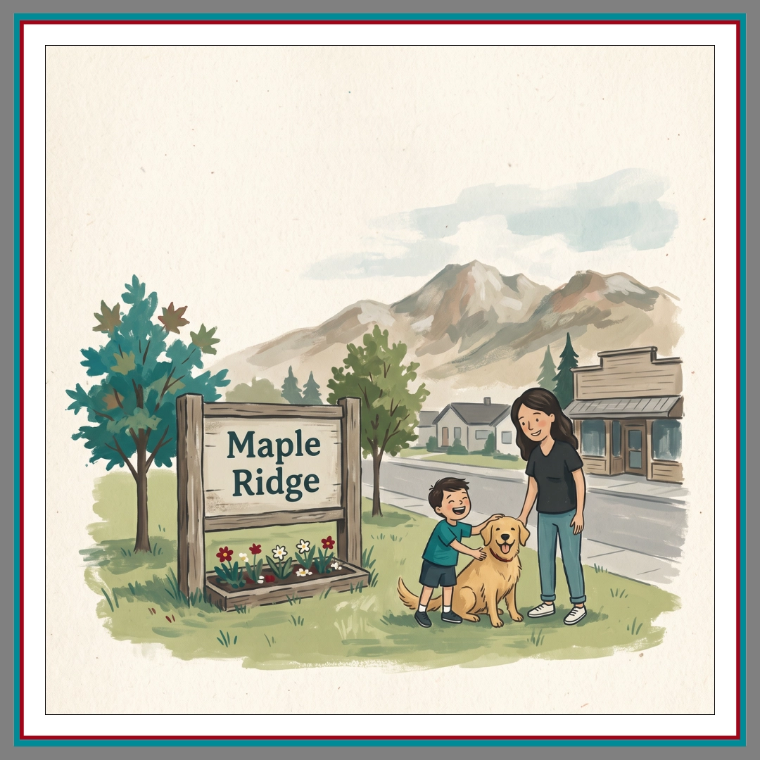 A warm illustrated scene of a mother, young boy, and golden retriever standing beside a rustic wooden "Maple Ridge" welcome sign surrounded by flowers, trees, and mountain views, representing Pathway Legal's expansion to serve families in Maple Ridge, BC.
