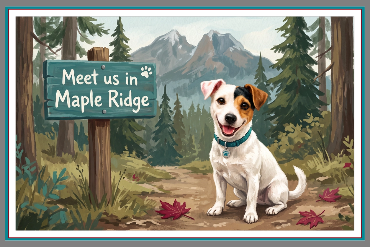 Meet Us in Maple Ridge, Pathway Legal is Coming An illustrated image of Journey the Jack Russell terrier sitting happily on a forest trail beside a teal wooden sign reading "Meet us in Maple Ridge" with a paw print, surrounded by tall BC evergreen trees, mountain peaks, and fallen red maple leaves.