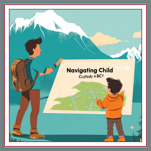 An illustrated parent and child reading a map together against a stunning BC mountain landscape, with text reading "Navigating Child Custody in BC," representing guided legal support for parenting arrangements in British Columbia.