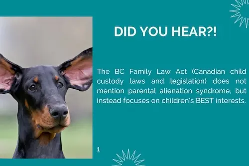 Picture of dogs head with large ears and text; The BC Family Law Act does not mention parental alienation syndrome.