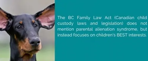 Picture of dog's head with large ears and text; The BC Family Law Act does not mention parental alienation syndrome.