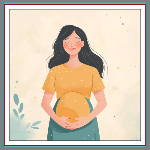 A soft illustrated image of a pregnant woman with long dark hair, eyes closed peacefully, cradling her belly against a warm neutral background with delicate botanicals, representing hopeful fertility and IVF outcomes in BC. A soft illustrated image of a pregnant woman with long dark hair, eyes closed peacefully, cradling her belly against a warm neutral background with delicate botanicals, representing hopeful fertility and IVF outcomes in BC.