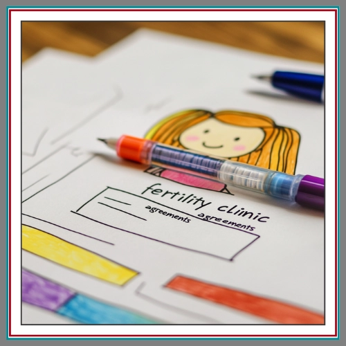 A illustrated document labeled "fertility clinic agreements" with colourful pens and a cheerful cartoon character, representing approachable legal guidance for fertility law in BC.