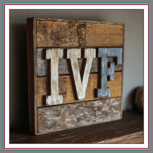 A rustic wooden block sign spelling "IVF" with weathered white and blue letters, resting on a warm wooden shelf.