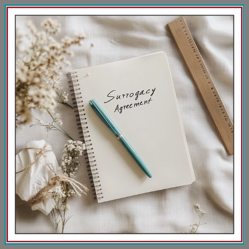 A spiral notebook handwritten with "Surrogacy Agreement" beside a teal pen and delicate dried flowers on soft linen, representing compassionate legal support for surrogacy agreements in BC. A spiral notebook handwritten with "Surrogacy Agreement" beside a teal pen and delicate dried flowers on soft linen, representing compassionate legal support for surrogacy agreements in BC.