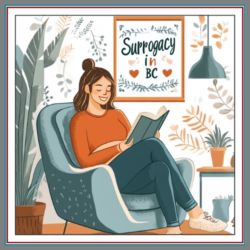 A relaxed illustrated woman reading in a cozy armchair surrounded by plants, with a framed sign on the wall reading "Surrogacy in BC," representing approachable legal support for surrogacy agreements in British Columbia. A relaxed illustrated woman reading in a cozy armchair surrounded by plants, with a framed sign on the wall reading "Surrogacy in BC," representing approachable legal support for surrogacy agreements in British Columbia.