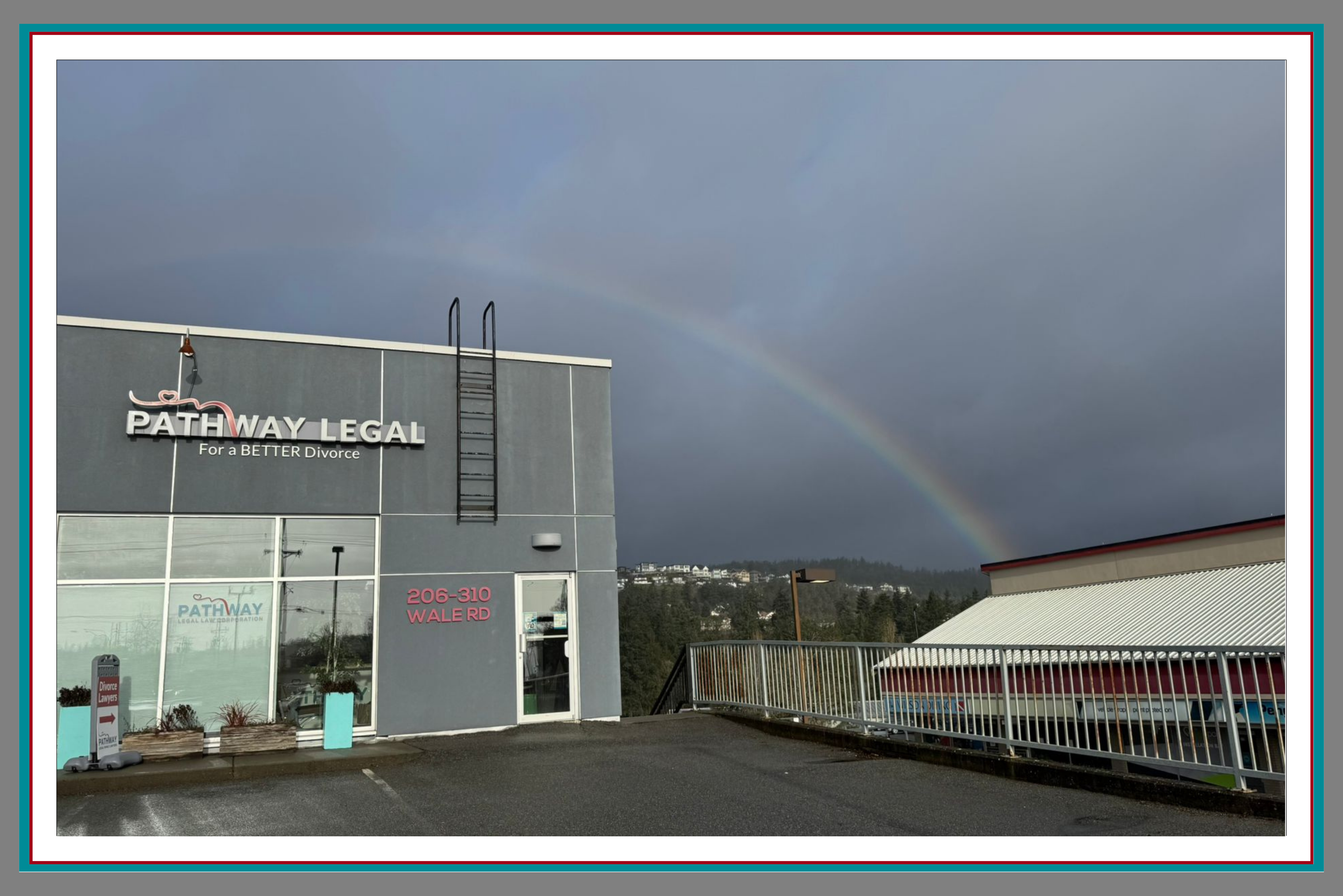 Pathway Legal Law Corporation, Victoria BC Office with a rainbow overhead