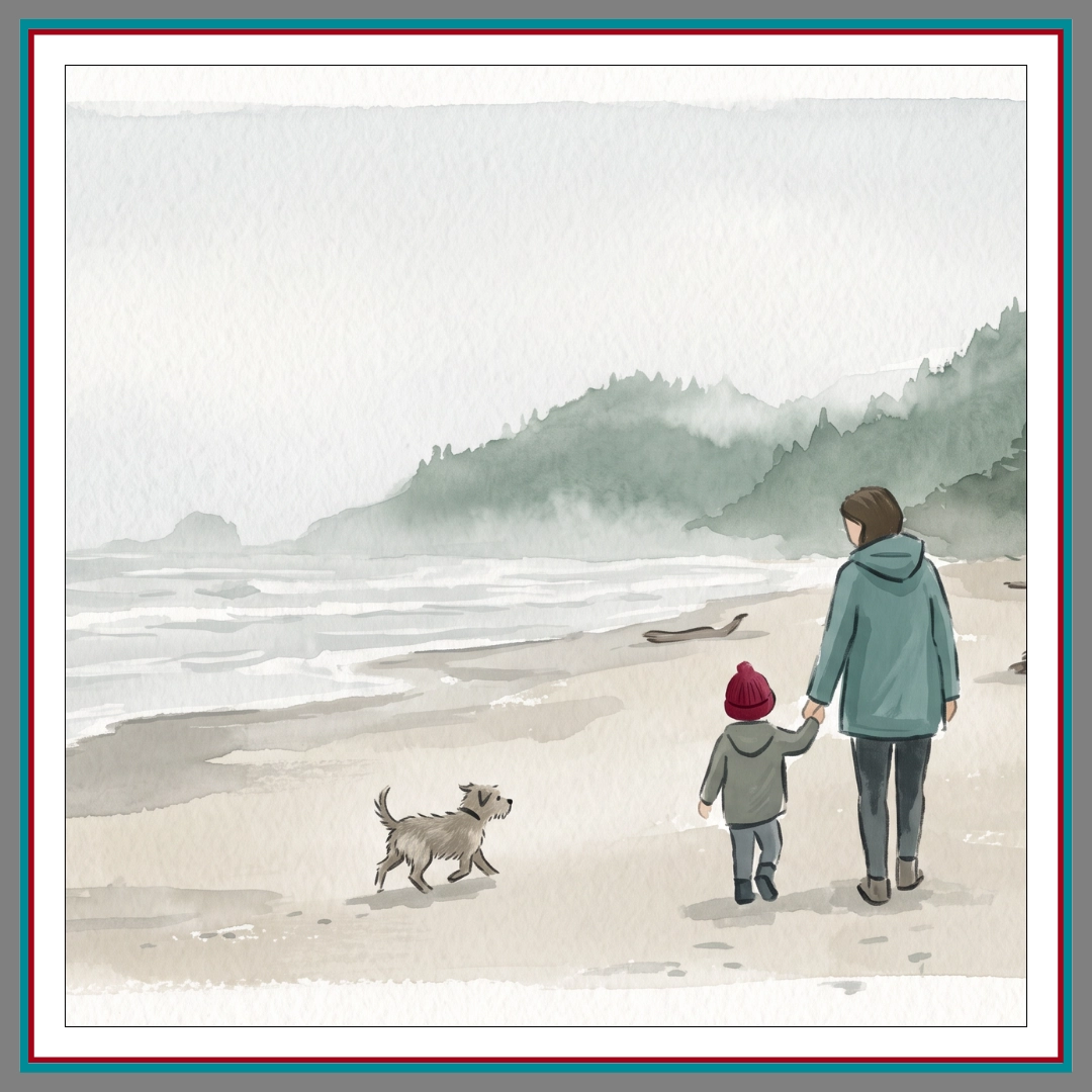 A soft watercolour illustration of a parent in a teal jacket walking hand in hand with a small child in a red toque along a misty BC beach, with a small dog trotting ahead, representing hope, healing, and moving forward after family separation in British Columbia. A soft watercolour illustration of a parent in a teal jacket walking hand in hand with a small child in a red toque along a misty BC beach, with a small dog trotting ahead, representing hope, healing, and moving forward after family separation in British Columbia.
