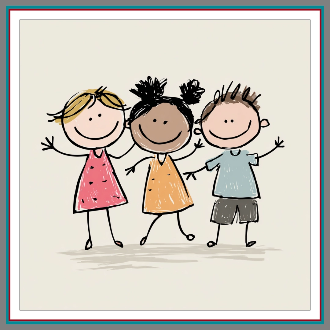 Colorful stick-figure style illustration of three happy children of different ethnicities waving and smiling, wearing a pink dress, orange dress, and blue shirt.