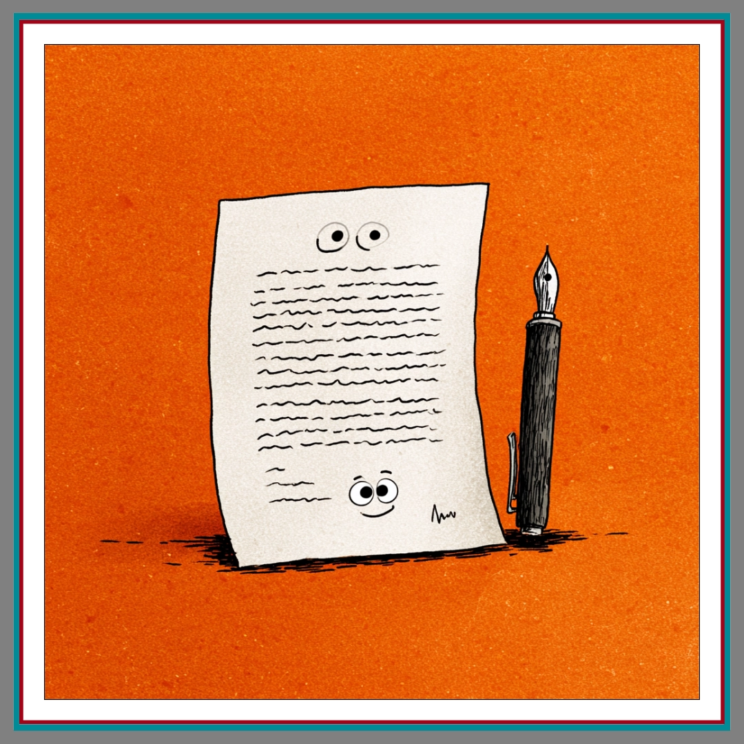 Whimsical illustration of a signed document with cartoon eyes and a fountain pen beside it, set against a bold orange background, representing a legal agreement.