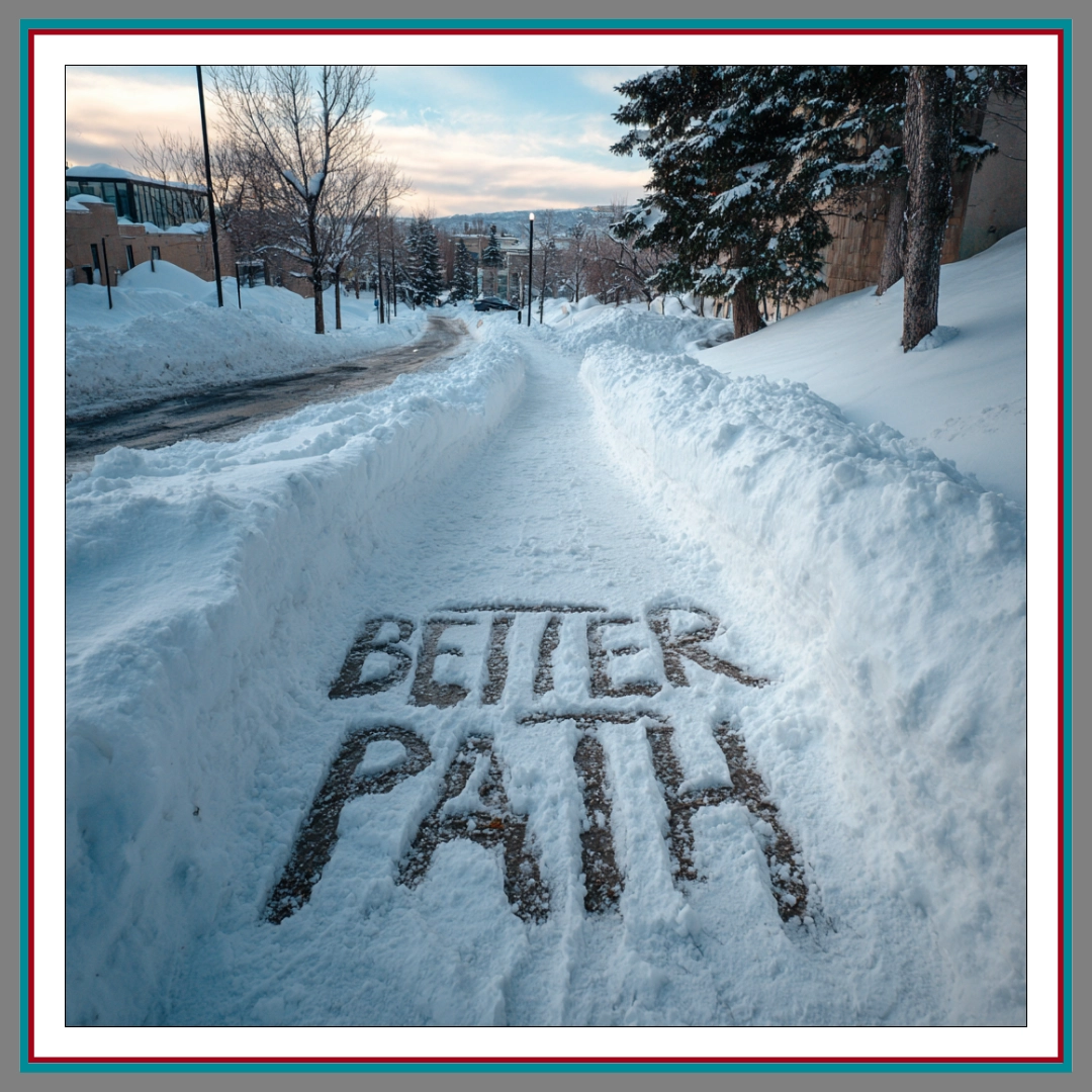 Photo of a snow-covered pathway flanked by tall snow banks, with the words 'BETTER PATH' etched into the snow in the foreground, set in a quiet winter neighbourhood.