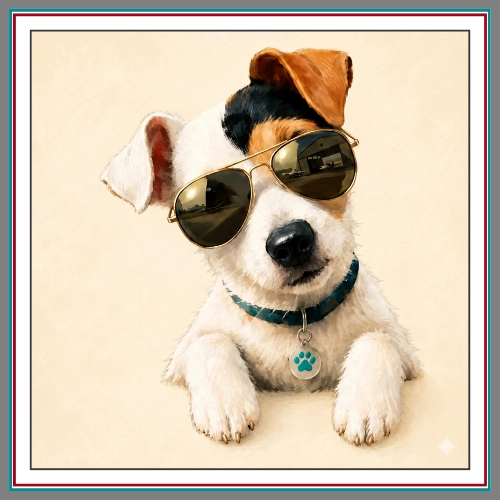 Journey wearing gold aviator sunglasses with a confident smile, teal collar and paw tag visible against a warm cream background.