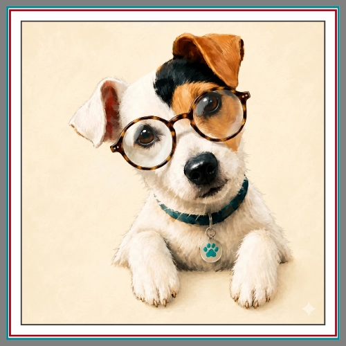 Journey wearing large round tortoiseshell glasses, looking studious and adorable against a warm cream background.