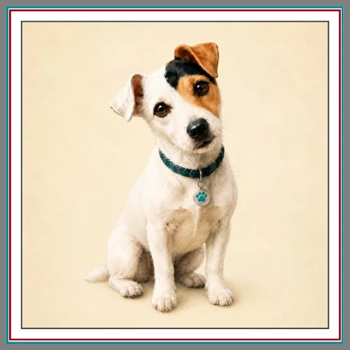 Journey the Jack Russell terrier sitting attentively in a teal collar with a paw tag, looking curious and alert.